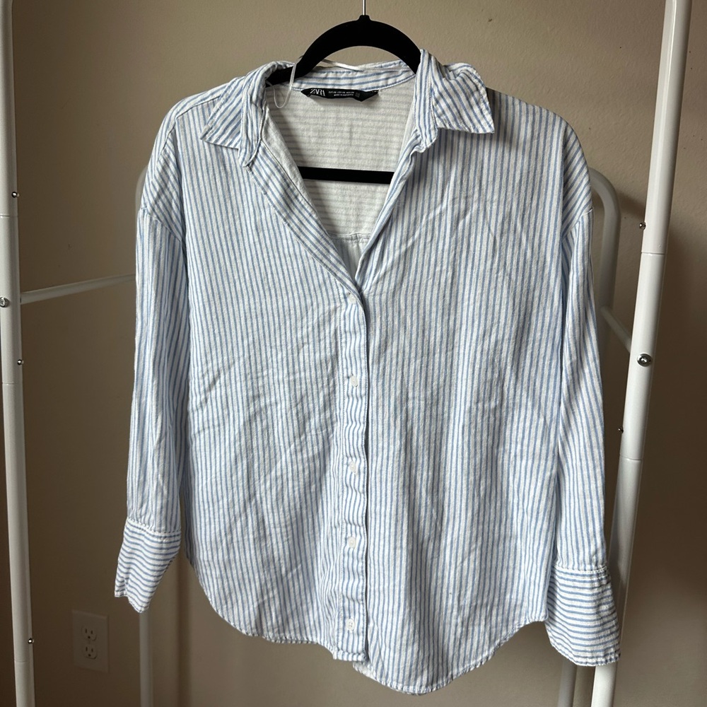 Zara Striped Linen Blend Button Down Women’s Shirt